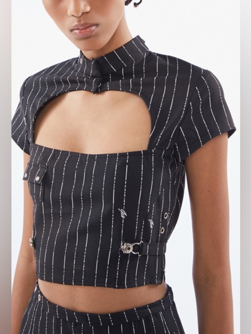 I.AM.GIA Black Pinstripe Cutout Crop Top
